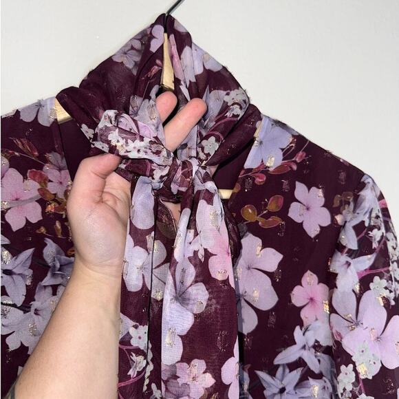 Ted Baker Cyllie Elderflower Tie Neck Blouse Purple Floral Semi Sheer Size 1 - Picture 5 of 7